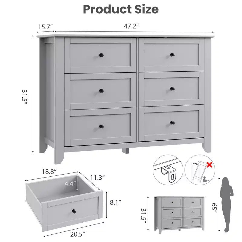Commode à 6 tiroirs - Meuble de rangement en bois de 50 po de large avec poignées métalliques pour chambre, entrée et couloir