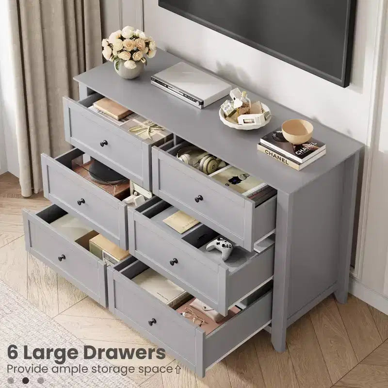Commode à 6 tiroirs - Meuble de rangement en bois de 50 po de large avec poignées métalliques pour chambre, entrée et couloir