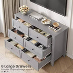 Commode à 6 tiroirs - Meuble de rangement en bois de 50 po de large avec poignées métalliques pour chambre, entrée et couloir