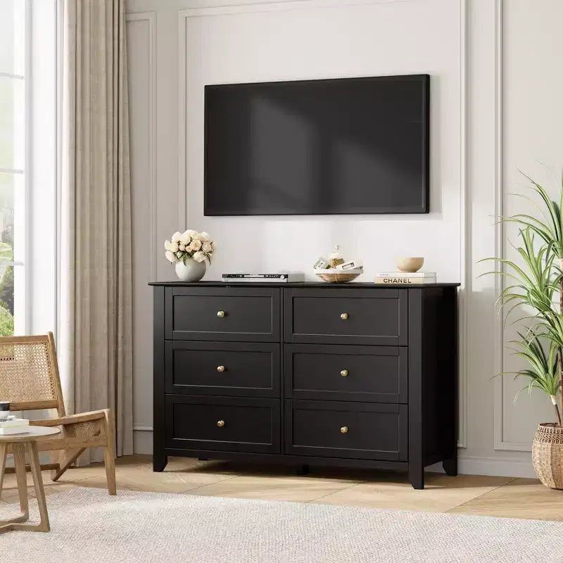 Commode à 6 tiroirs - Meuble de rangement en bois de 50 po de large avec poignées métalliques pour chambre, entrée et couloir