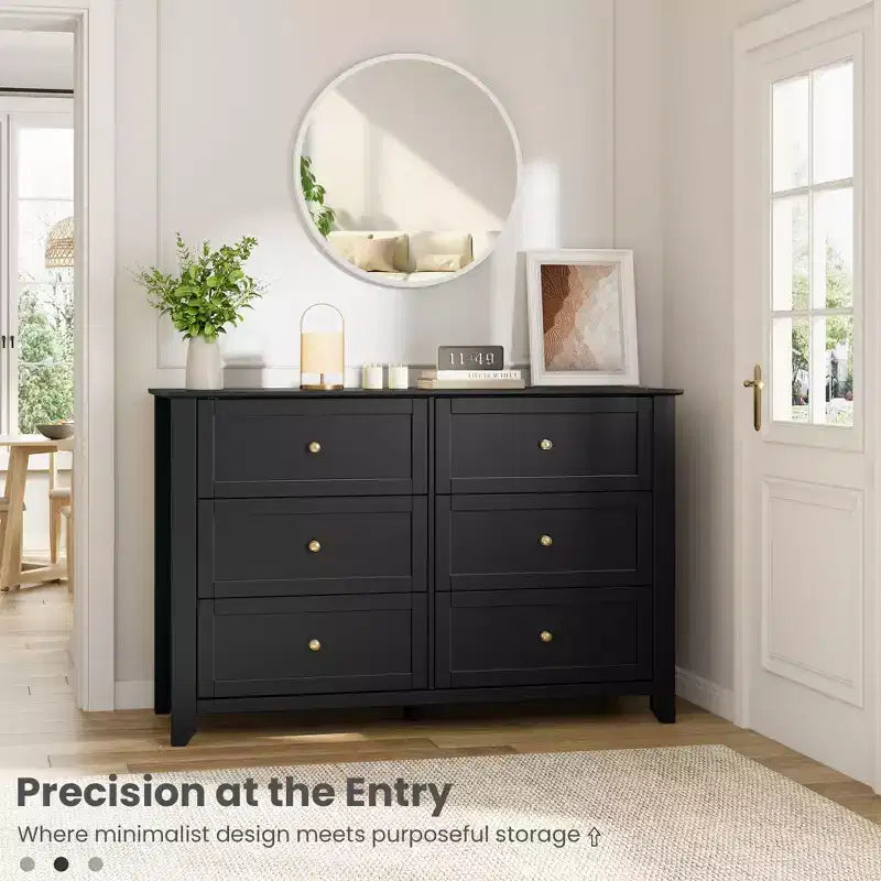 Commode à 6 tiroirs - Meuble de rangement en bois de 50 po de large avec poignées métalliques pour chambre, entrée et couloir