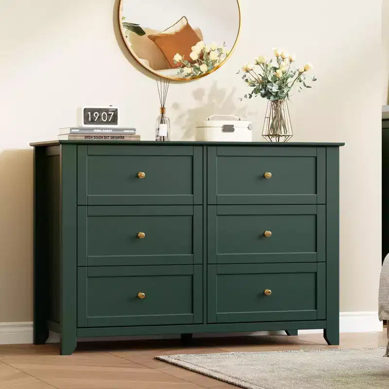 Commode à 6 tiroirs - Meuble de rangement en bois de 50 po de large avec poignées métalliques pour chambre, entrée et couloir