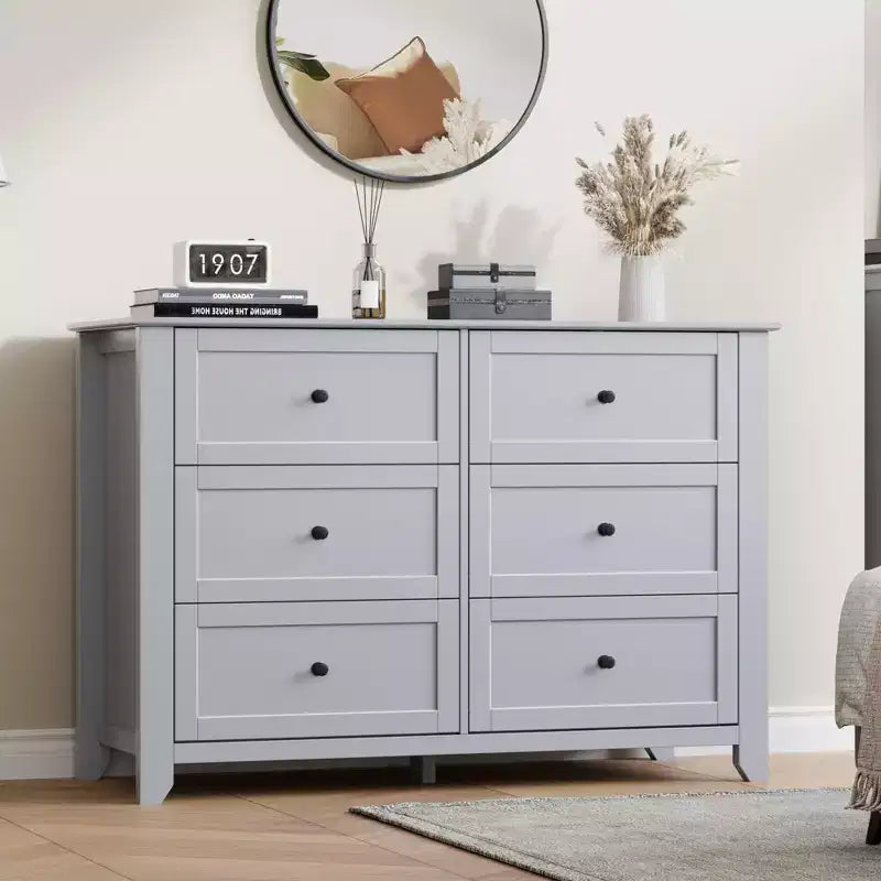 Commode à 6 tiroirs - Meuble de rangement en bois de 50 po de large avec poignées métalliques pour chambre, entrée et couloir