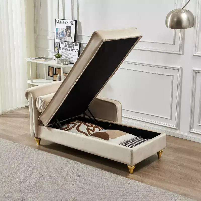 Chaise longue en velours Laurel GDFStudio avec pieds en métal et rangement