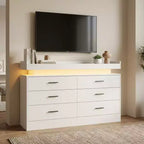 Meuble TV avec lumières et station de charge, Buffet moderne avec bar à café flottant, Console de buffet avec 6 tiroirs pour salon