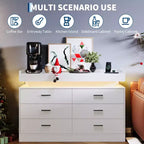 Meuble TV avec lumières et station de charge, Buffet moderne avec bar à café flottant, Console de buffet avec 6 tiroirs pour salon