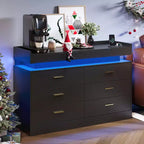 Meuble TV avec lumières et station de charge, Buffet moderne avec bar à café flottant, Console de buffet avec 6 tiroirs pour salon