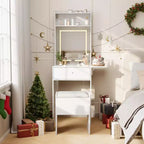 Petite coiffeuse avec miroir et lumières, table de maquillage en bois avec panneau rabattable et tabouret de rangement, ensemble coiffeuse pour petit espace, chambre à coucher