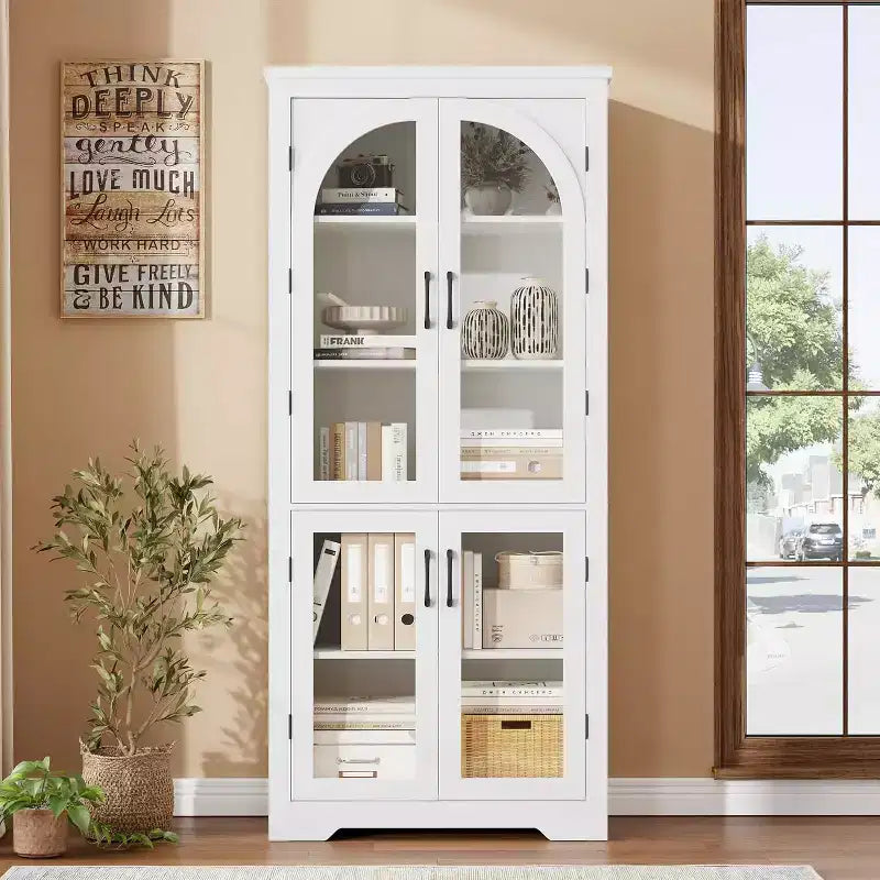 Armoire de rangement de cuisine de 70 po – Garde-manger moderne avec 4 portes en verre arqué et étagères réglables, pour cuisine, salle à manger et salon