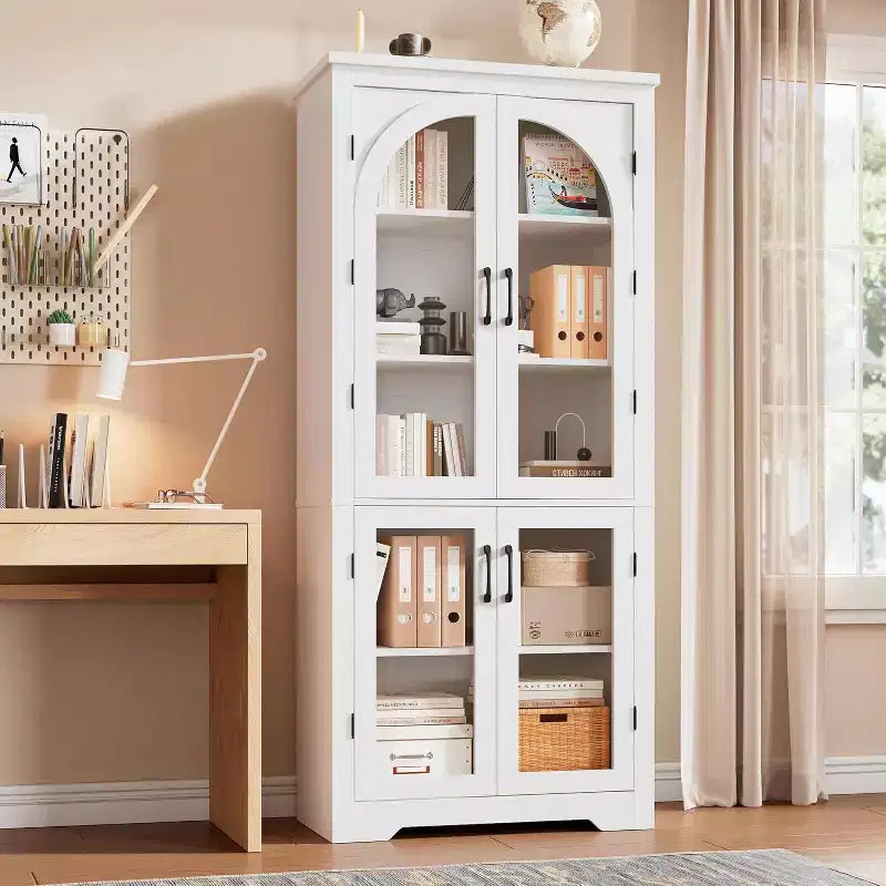 Armoire de rangement de cuisine de 70 po – Garde-manger moderne avec 4 portes en verre arqué et étagères réglables, pour cuisine, salle à manger et salon