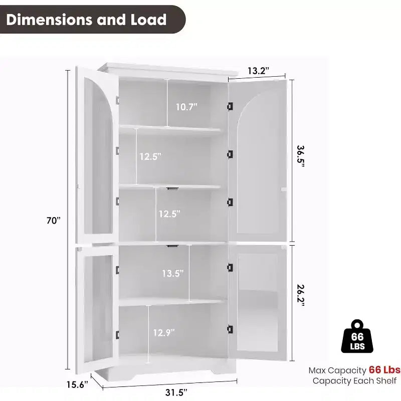 Armoire de rangement de cuisine de 70 po – Garde-manger moderne avec 4 portes en verre arqué et étagères réglables, pour cuisine, salle à manger et salon