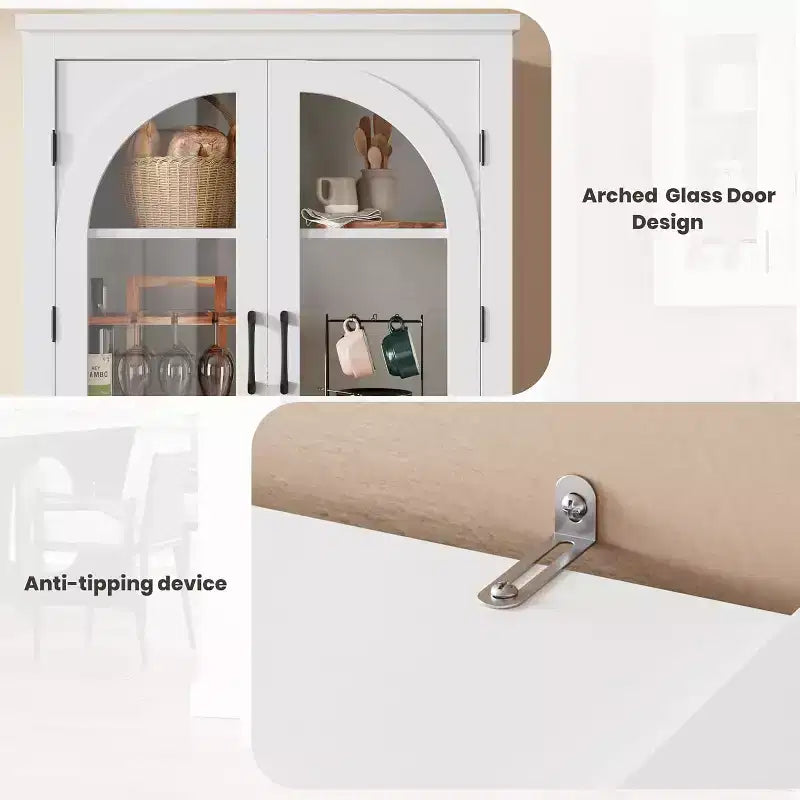 Armoire de rangement de cuisine de 70 po – Garde-manger moderne avec 4 portes en verre arqué et étagères réglables, pour cuisine, salle à manger et salon