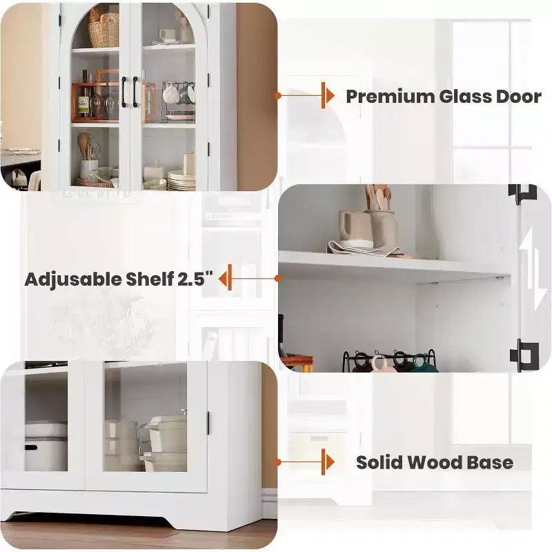 Armoire de rangement de cuisine de 70 po – Garde-manger moderne avec 4 portes en verre arqué et étagères réglables, pour cuisine, salle à manger et salon