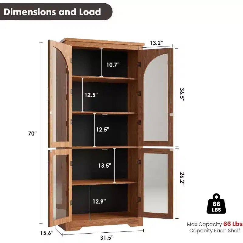Armoire de rangement de cuisine de 70 po – Garde-manger moderne avec 4 portes en verre arqué et étagères réglables, pour cuisine, salle à manger et salon