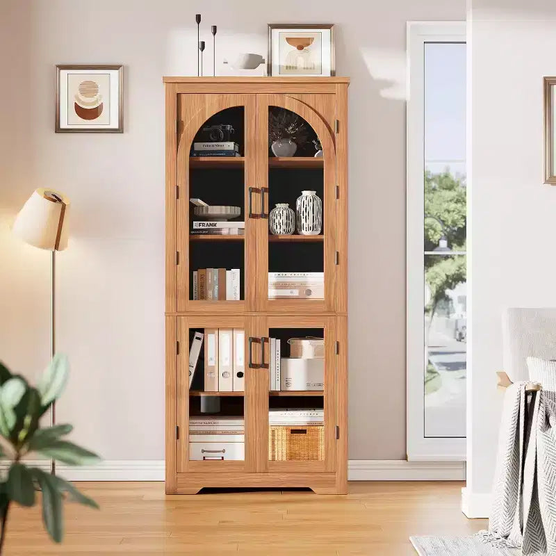 Armoire de rangement de cuisine de 70 po – Garde-manger moderne avec 4 portes en verre arqué et étagères réglables, pour cuisine, salle à manger et salon