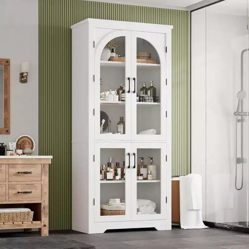 Armoire de rangement de cuisine de 70 po – Garde-manger moderne avec 4 portes en verre arqué et étagères réglables, pour cuisine, salle à manger et salon