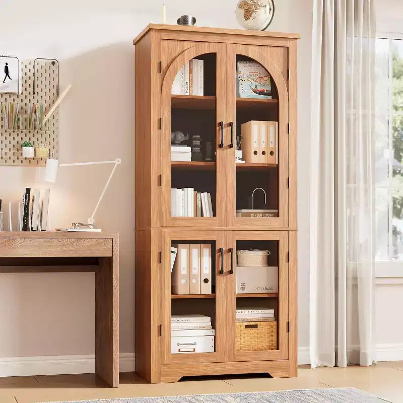 70 Kitchen Pantry Storage Cabinet - Modern Display Pantry with 4 Arched Glass Doors and Adjustable Shelves, for Kitchen, Dining Room & Living Room