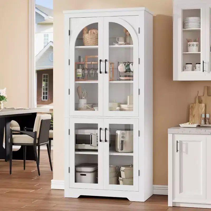 Armoire de rangement de cuisine de 70 po – Garde-manger moderne avec 4 portes en verre arqué et étagères réglables, pour cuisine, salle à manger et salon