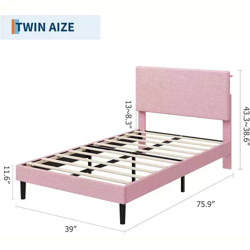 Cadre de lit double, lit plateforme avec tête de lit de rangement capitonnée en velours côtelé réglable et station de charge, support en métal robuste, rose