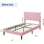 Cadre de lit double, lit plateforme avec tête de lit de rangement capitonnée en velours côtelé réglable et station de charge, support en métal robuste, rose