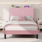 Cadre de lit double, lit plateforme avec tête de lit de rangement capitonnée en velours côtelé réglable et station de charge, support en métal robuste, rose