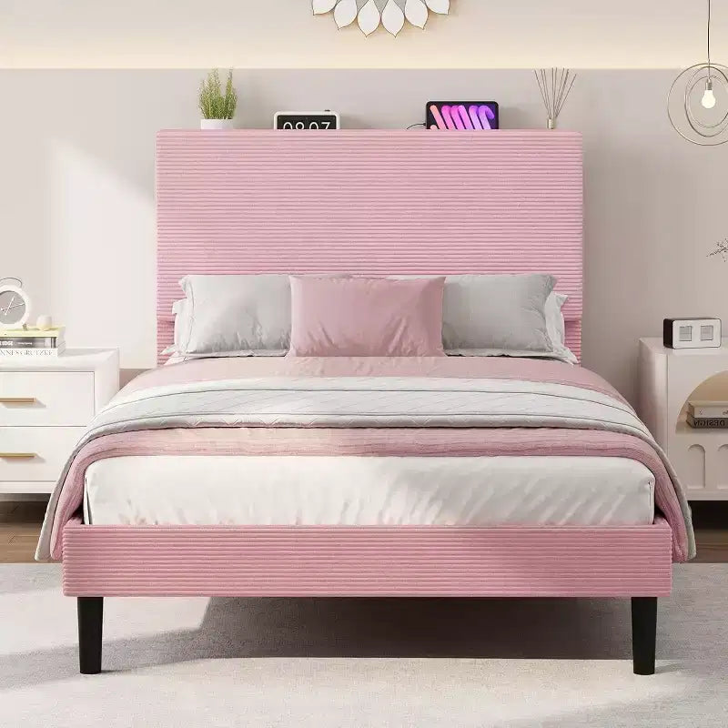 Cadre de lit double, lit plateforme avec tête de lit de rangement capitonnée en velours côtelé réglable et station de charge, support en métal robuste, rose