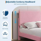 Cadre de lit double, lit plateforme avec tête de lit de rangement capitonnée en velours côtelé réglable et station de charge, support en métal robuste, rose