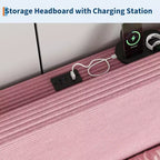 Cadre de lit double, lit plateforme avec tête de lit de rangement capitonnée en velours côtelé réglable et station de charge, support en métal robuste, rose