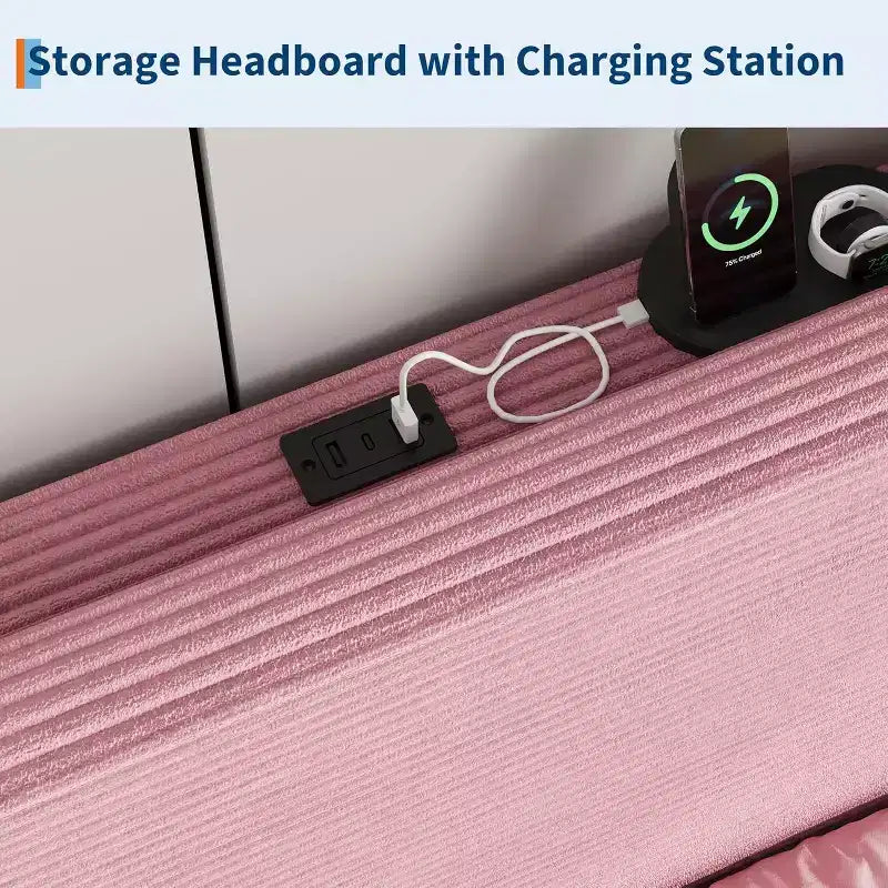 Cadre de lit double, lit plateforme avec tête de lit de rangement capitonnée en velours côtelé réglable et station de charge, support en métal robuste, rose