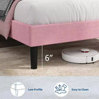 Cadre de lit double, lit plateforme avec tête de lit de rangement capitonnée en velours côtelé réglable et station de charge, support en métal robuste, rose