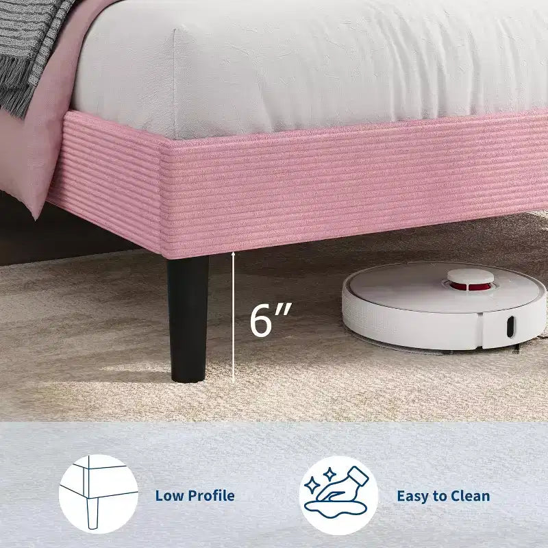 Cadre de lit double, lit plateforme avec tête de lit de rangement capitonnée en velours côtelé réglable et station de charge, support en métal robuste, rose