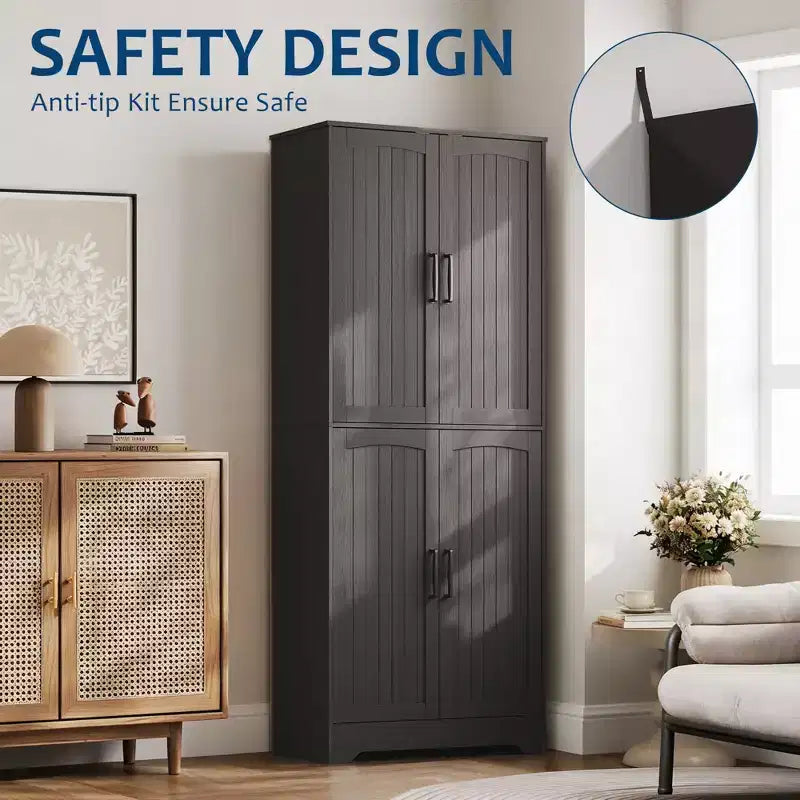 Armoire de rangement de style ferme de 71 po, meuble de rangement en bois à 4 portes avec étagères réglables, armoire de cuisine autoportante pour salle à manger et salon