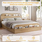 Cadre de lit robuste avec tête de lit de rangement - Plateforme en bois, pied de lit surélevé, support à lattes, aucun sommier tapissier requis, blanc et noyer, mobilier de chambre à coucher