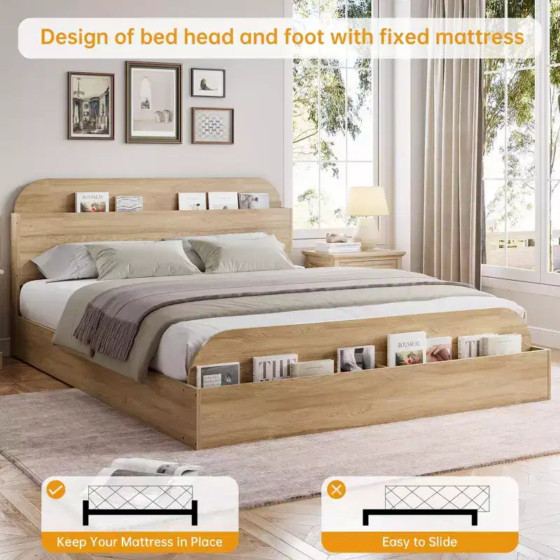Cadre de lit robuste avec tête de lit de rangement - Plateforme en bois, pied de lit surélevé, support à lattes, aucun sommier tapissier requis, blanc et noyer, mobilier de chambre à coucher