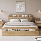 Cadre de lit robuste avec tête de lit de rangement - Plateforme en bois, pied de lit surélevé, support à lattes, aucun sommier tapissier requis, blanc et noyer, mobilier de chambre à coucher