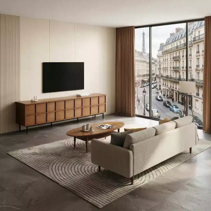 Meuble TV contemporain Luck Live 86.61 avec tiroirs multiples, pieds en métal, trous de ventilation