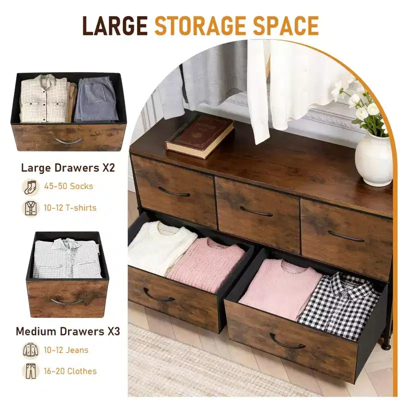 Commode à 5 tiroirs en tissu – Solution de rangement spacieuse – Commode de chambre moderne – Organisateur à cadre métallique – Grands tiroirs amovibles