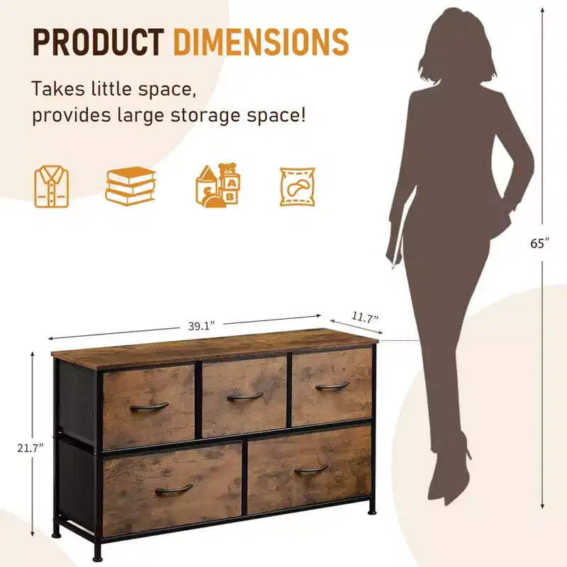 Commode à 5 tiroirs en tissu – Solution de rangement spacieuse – Commode de chambre moderne – Organisateur à cadre métallique – Grands tiroirs amovibles