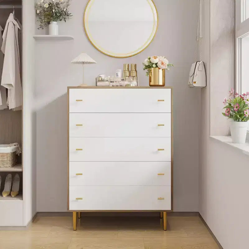 Commode à 5 tiroirs Grande de 112 cm, en bois rustique avec poignées barre, anti-basculement et compatible avec les robots aspirateurs