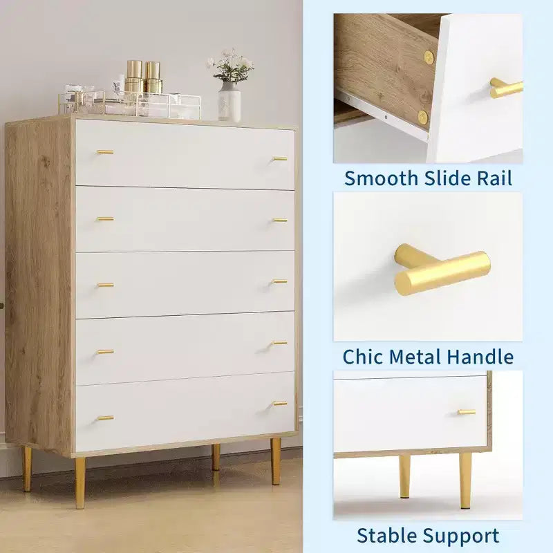 Commode à 5 tiroirs Grande de 112 cm, en bois rustique avec poignées barre, anti-basculement et compatible avec les robots aspirateurs