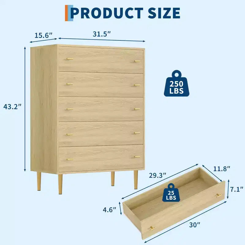 Commode à 5 tiroirs Grande de 112 cm, en bois rustique avec poignées barre, anti-basculement et compatible avec les robots aspirateurs