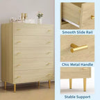 Commode à 5 tiroirs Grande de 112 cm, en bois rustique avec poignées barre, anti-basculement et compatible avec les robots aspirateurs