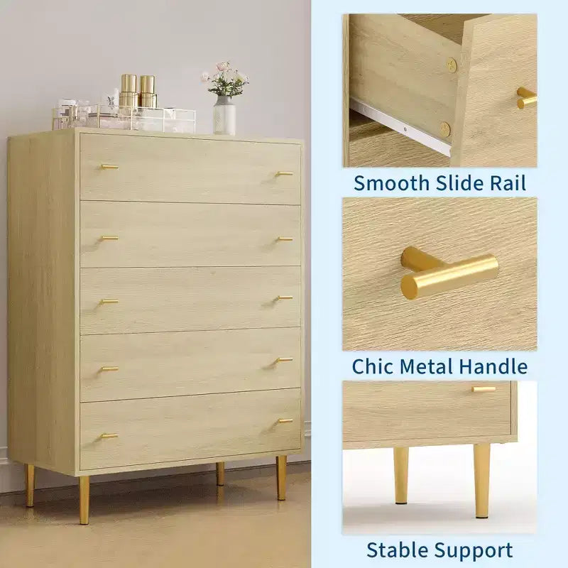 Commode à 5 tiroirs Grande de 112 cm, en bois rustique avec poignées barre, anti-basculement et compatible avec les robots aspirateurs