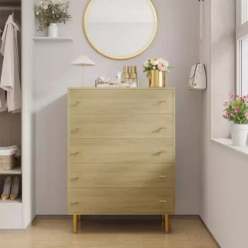 Commode à 5 tiroirs Grande de 112 cm, en bois rustique avec poignées barre, anti-basculement et compatible avec les robots aspirateurs