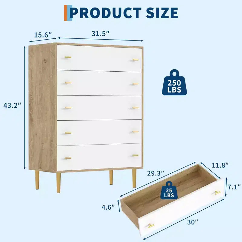 Commode à 5 tiroirs Grande de 112 cm, en bois rustique avec poignées barre, anti-basculement et compatible avec les robots aspirateurs