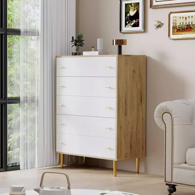 Commode à 5 tiroirs Grande de 112 cm, en bois rustique avec poignées barre, anti-basculement et compatible avec les robots aspirateurs