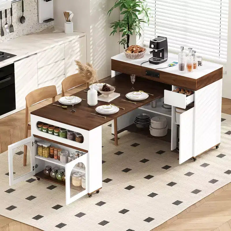 GDFStudio Edith Extendable Dining Table and Rolling Kitchen Island with Drawers