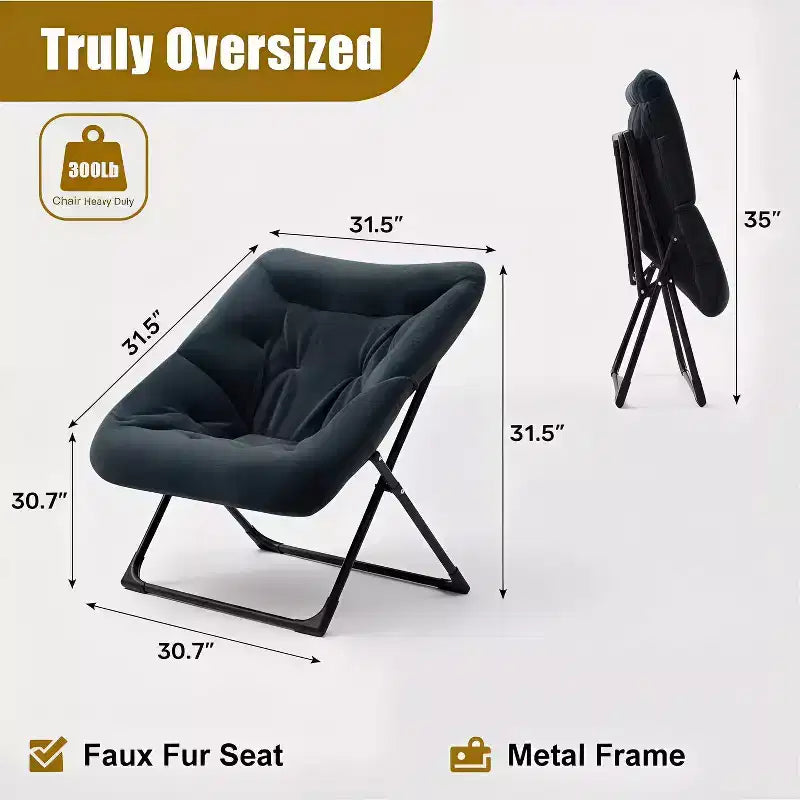 Fauteuil soucoupe en fausse fourrure extra-large Summit Adventure – Fauteuil de lecture confortable et pliable surdimensionné pour adultes et adolescents, bleu marine