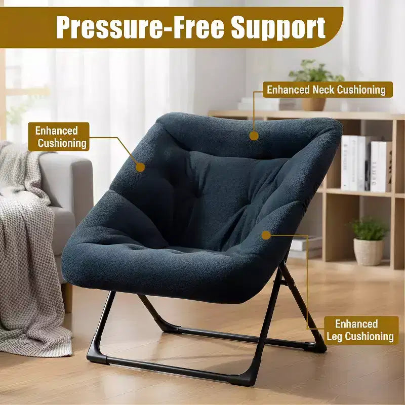 Fauteuil soucoupe en fausse fourrure extra-large Summit Adventure – Fauteuil de lecture confortable et pliable surdimensionné pour adultes et adolescents, bleu marine