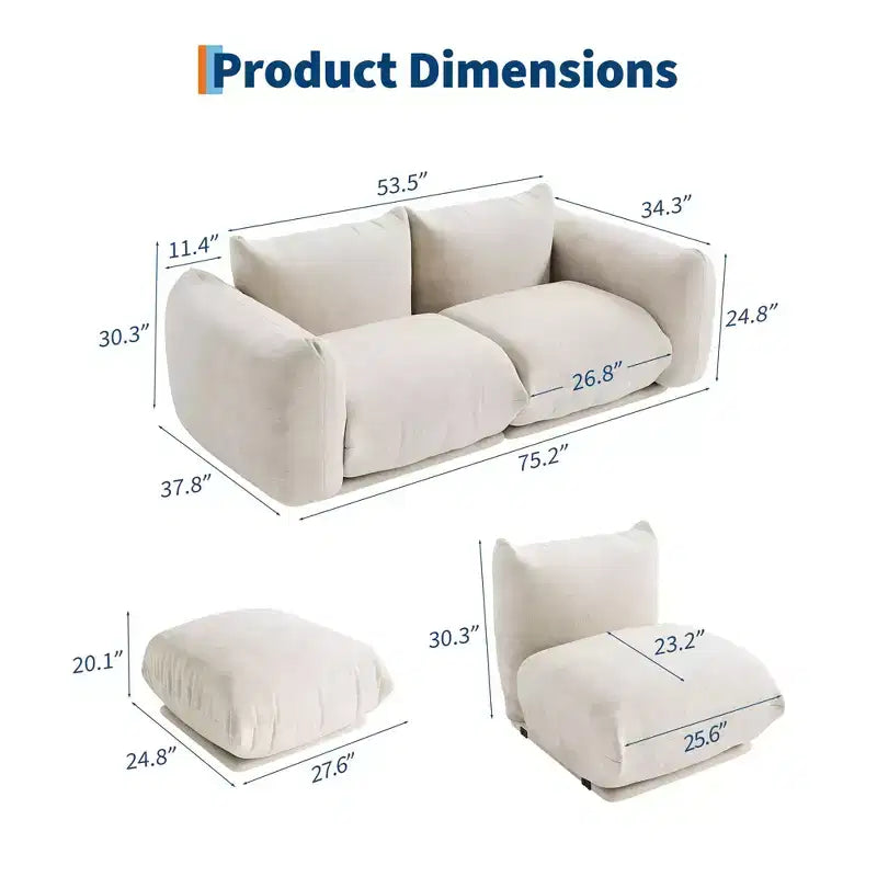 Ensemble de canapé modulaire composé de 2 causeuses, canapé nuage en chenille avec assise profonde, sans structure, pour salon, petit espace